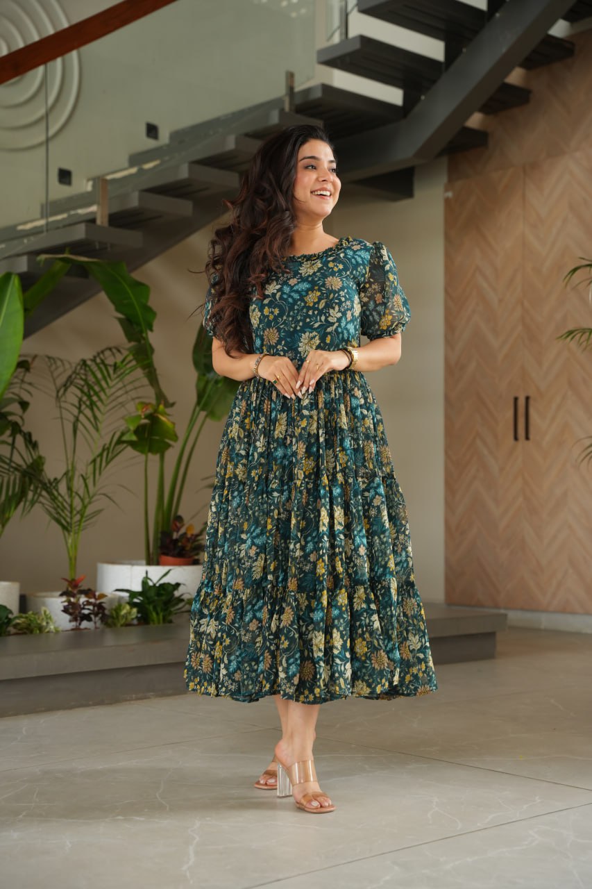 Vikarni Green Printed Anarkali Gown in faux georgette with 12-meter flair – perfect ethnic wear for women, long gown for women, printed gown for girls, Anarkali gown for wedding, georgette gown for festive wear, Indian dress for women, traditional wear for haldi ceremony, party wear gown online, readymade gown under 1000, stylish green ethnic gown for mehndi function.